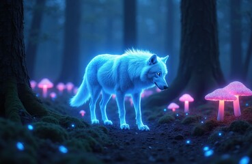 Naklejka premium Glowing blue wolf walks through a dark forest path. Bioluminescent mushrooms emit pink and blue light around the mystic animal. Magical atmosphere surrounds creature in woodland.
