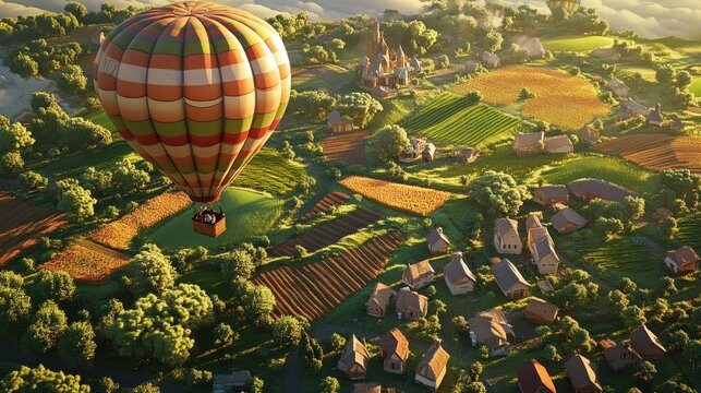 Hot Air Balloon Above Rural Landscape and Village