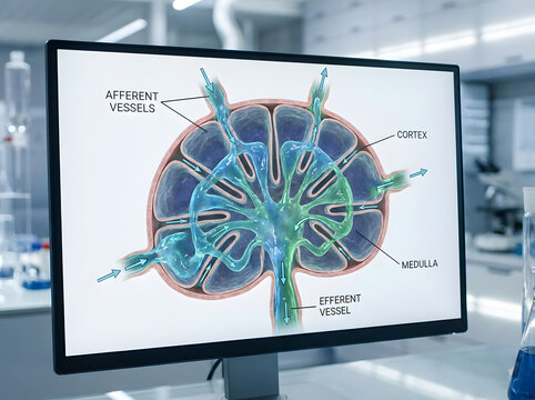 A computer screen displays a detailed illustration of a kidney's internal structure in a laboratory setting.