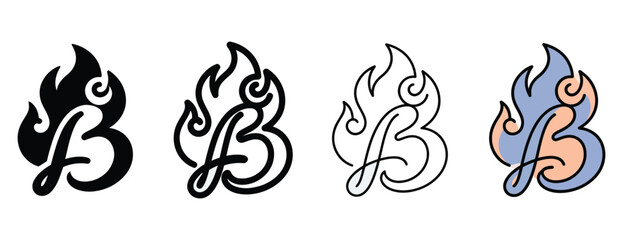 Flame letter B logo designs with different colors and styles  various artistic representations of the letter B combined with fire elements © Rayhan