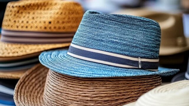 Variety of stylish hats displayed at outdoor market stall