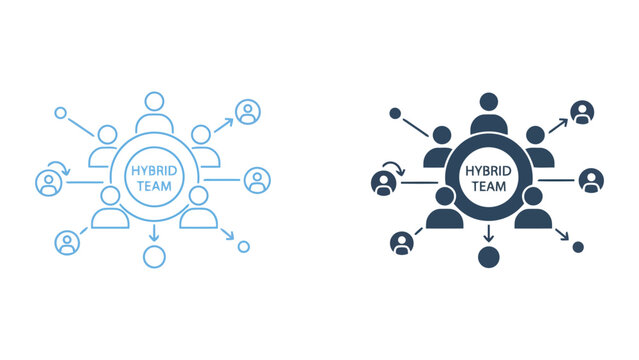 Hybrid team structure and remote connection vector icons featuring a central hub with dispersed employee nodes and directional arrows to symbolize modern distributed workforce management strategies