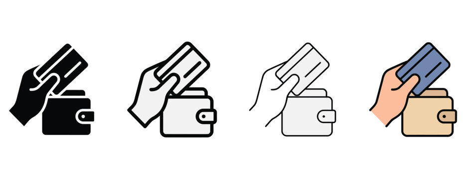 Four different colored illustrations of a hand putting a card into a wallet side by side on white background