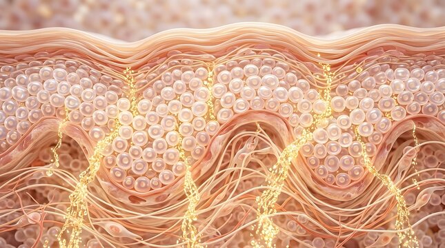 Healthy skin cross-section showing golden serum absorption through cellular epidermis and dermis layers with collagen fibers network background