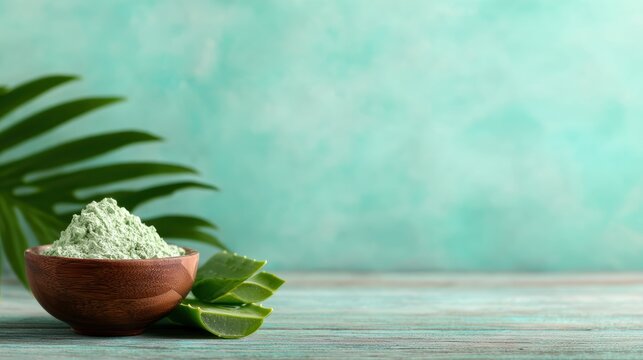 The vibrant green of aloe vera leaves contrasts beautifully with the textured wooden bowl filled with aloe powder, embodying health, nature, and holistic living.