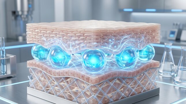 Healthy skin layers cross section with blue glowing spheres and geometric matrix network supported by a laboratory background