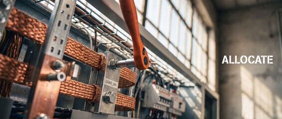 Fototapeta premium Electrical grounding copper busbar installation with orange socket wrench tightening a metal bolt on power distribution control panel for industrial safety, energy maintenance, and reliability.