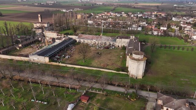 Corte Castiglioni renovation in Casatico di Marcaria, Mantua, Lombardy, Italy, birthplace of Renaissance diplomat and writer Baldassare Castiglione, surrounded by Po Valley farmland, parallax orbit