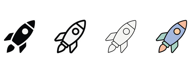 Four different colored rocket ship icons flying upwards in various styles and colors on a white background © Rayhan