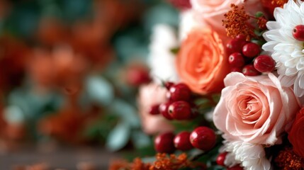 Obraz premium A lovely arrangement of peach roses and berries surrounded by greenery, capturing the essence of fresh blooms and seasonal beauty in this stunning floral display.