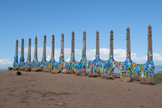 View of the thirteen sacred serge pillars on Burkhan cape. Buryat sanctuary on Olkhon island. Baikal lake, Khuzhir. Irkutsk oblast, Russia