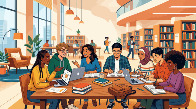 Diverse students collaborating on a project in a bright, modern library study area.