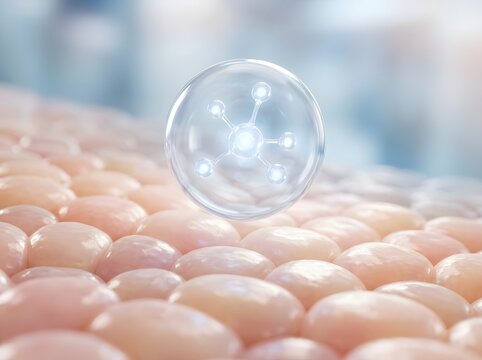 Transparent sphere with glowing chemical molecular structure floating above pink human epidermis cell layer with laboratory background