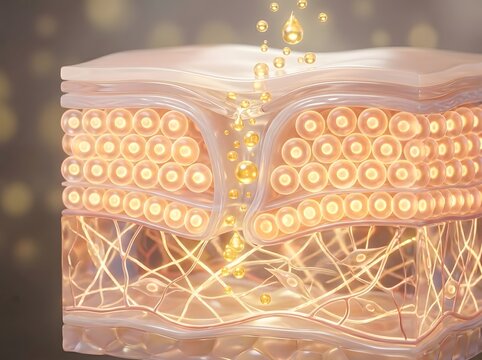 Healthy skin layers cross-section with golden serum droplets absorbing into cellular epidermis and dermis structures with bokeh background