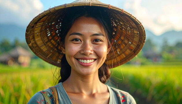 Smiling asian woman with straw hat in sunny outdoor field portrait