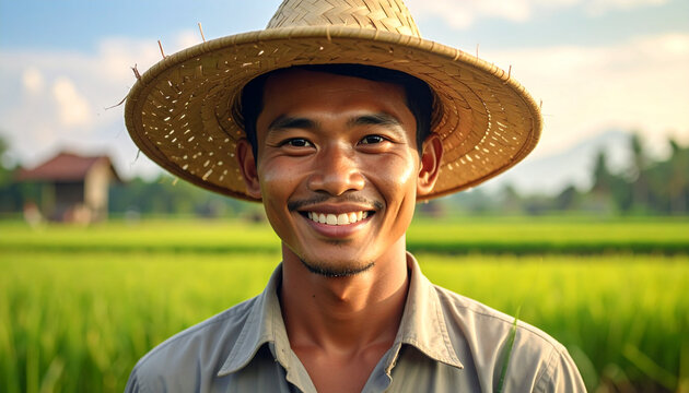 Smiling farmer in a straw hat with rice field backdrop