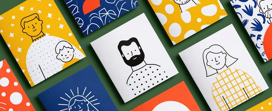 Father's Day cards featuring minimalist dad and child illustrations with bold colors and abstract designs for promotions.