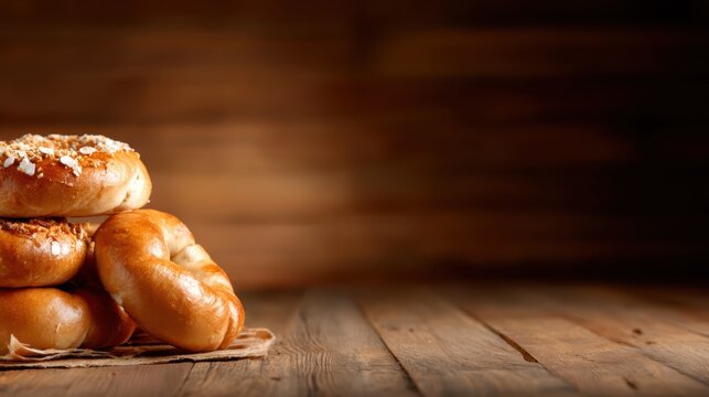 A tantalizing stack of bagels resting on a rustic wooden table radiates warmth and comfort, embodying the joy of shared meals and the essence of home-cooked delights.