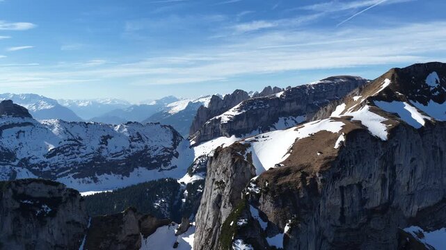 Swiss Alps winter Appenzell region Alpstein massif of northeastern Switzerland, aerial drone