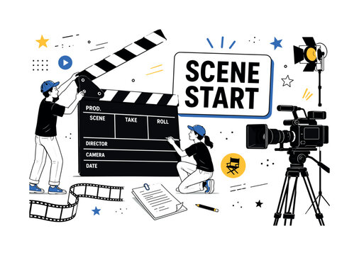 Film Clapper Board Banner. A clean editorial banner about film clapper board, movie production, scene planning, filming, and creative media, showing two geometric crew members around an oversized
