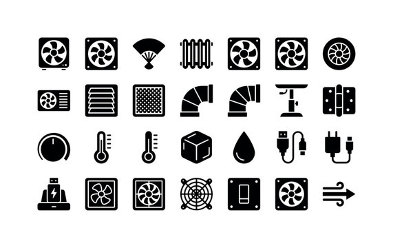 Ventilation Fan Marks. Solid glyph icon set of cooling fans and ventilation equipment: box fan, exhaust fan, hand fan, radiator fan, computer fan, turbine wheel, air conditioner unit, louver vent,