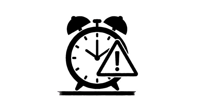 Minimal black silhouette icon, simple flat vector, bold black shape, no, no shading alarm clock with warning sign on a, flat icon style