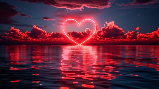 On the horizon rises a glowing red heart, illuminating the sky with a warm, romantic glow and creating a magical, enchanting atmosphere.
