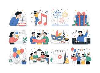 Fototapeta premium Celebration Party Holidays. Birthday, dancing, happy new year, christmas, event, holidays, congrats, music, carnival, and festive moments. 12 minimalist editorial vector scenes: person blows birthday