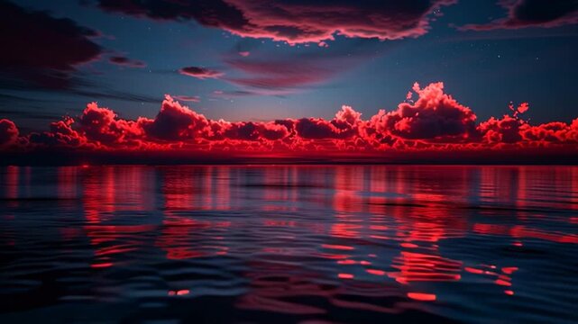 On the horizon rises a glowing red heart, illuminating the sky with a warm, romantic glow and creating a magical, enchanting atmosphere.