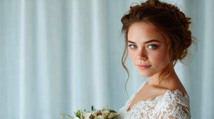 Naklejka premium A beautiful bride stands gracefully, holding her bouquet with elegance. Her radiant smile and well-defined features shine against a soft background, evoking love and joy.