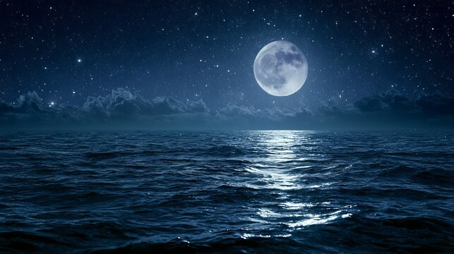 A serene ocean landscape under a full moon with stars shining brightly in the night sky