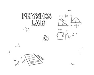 Fototapeta premium Physics Science Lab. Clean outline line art banner with one wide physics laboratory scene, two scientists beside oversized atom model and giant experiment board, small details magnet, beaker,