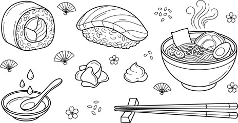 Japanese food vector bundle featuring minimalist black line art outline sushi roll nigiri ramen bowl and chopsticks design © MdMursalin