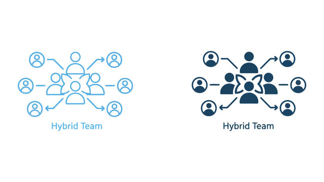 Hybrid team collaborative structure with interconnected participants and central hub representing modern organizational synergy and effective group communication workflow