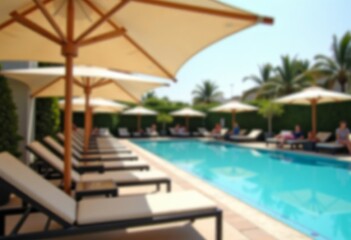 Fototapeta premium Outdoor swimming pool area with lounge chairs and umbrellas surrounded by palm trees in a sunny tropical setting, inviting relaxation and leisure