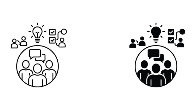 Collaborative project planning with team discussion and task checklist integration as professional vector icon set