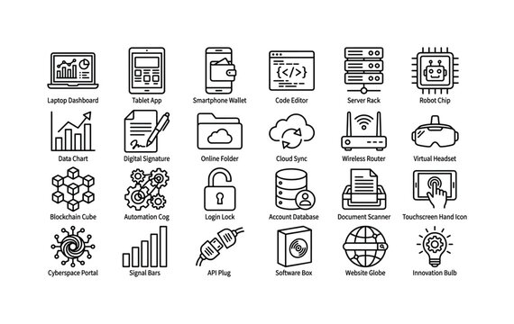 Digital Interface Systems. Line icon set of digital technology and innovation: laptop dashboard, tablet app, smartphone wallet, code editor, server rack, robot chip, data chart, digital signature,