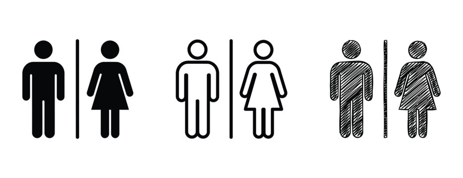 Restroom signs with male and female symbols in different styles on white background