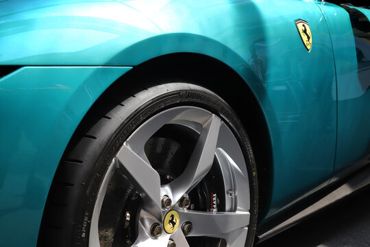 Modena, Italy, may 29 2026 - Motor Valley Fest 2026 public exhibition, Ferrari Amalfi Spider, detail of the aluminum alloy wheel