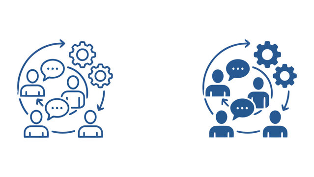 Operational efficiency and team communication cycle icon set showing people with speech bubbles and rotating gears for professional business workflow management and continuous improvement strategies