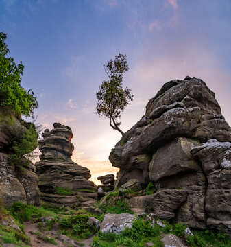 Views of Brimham Rocks at sunrise in Yorkshire England