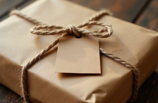 Brown paper package tied with rough twine cord. Blank kraft tag attached to gift box. Simple parcel ready for shipping or presenting. Natural rustic look.