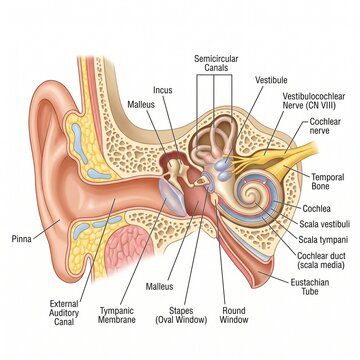 Anatomical illustration of the human ear, detailing its internal structures and auditory pathways