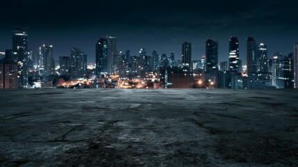Obraz premium A dark and moody cityscape at night with a vast empty rooftop and a bustling urban skyline in the background