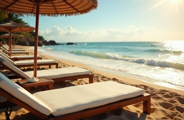Obraz premium Empty beach lounge chairs sit on sand with gentle ocean waves and warm sun. Idyllic seaside resort chairs offer rest. Tropical paradise vacation relaxation.