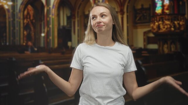 Woman shrugging with palms up and raised shoulders, wearing white t-shirt, standing in a church building with pews and stained glass; uncertainty casual ambivalence.