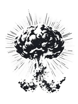 Explosion of atomic bomb in black and white halftone dots, element, design