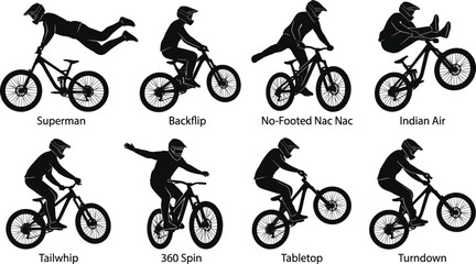 Obraz premium Extreme mountain bike stunt silhouette vector set. Freestyle BMX, MTB tricks, rider jumping, midair action, stuntman, helmet, cycle sport and extreme lifestyle elements.