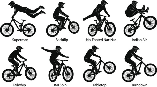 Extreme mountain bike stunt silhouette vector set. Freestyle BMX, MTB tricks, rider jumping, midair action, stuntman, helmet, cycle sport and extreme lifestyle elements.