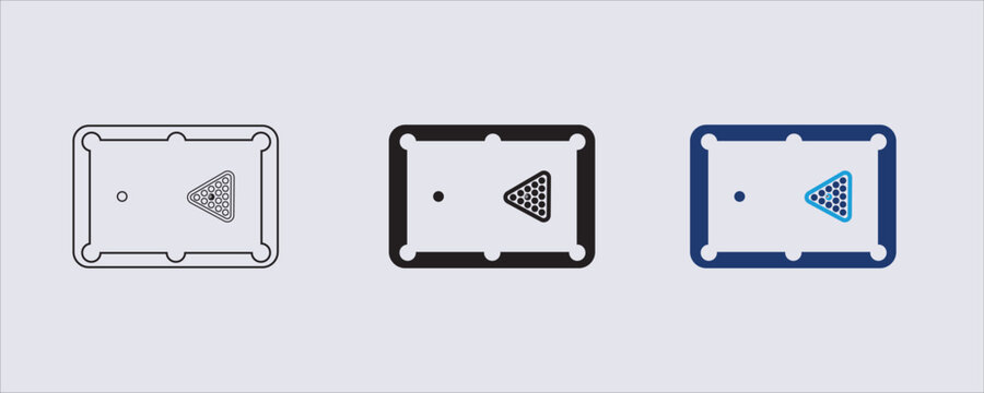 Black and white billiard table icon features a classic top-down view. 8-ball, A rectangular playing surface with six pockets, billiards table.